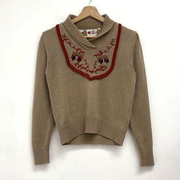 Vintage David Brett Floral Embroidery Bib Puff Sleeve Retro 70s Sweater XS* - Picture 11 of 11